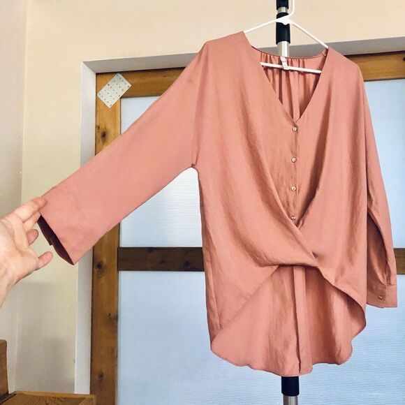 Zara Dusty Rose High Low‎ Long Sleeve V-Neck Blouse/ Sz XS - Picture 3 of 8